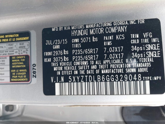 5XYZTDLB6GG329048 Hyundai gdi theta ii