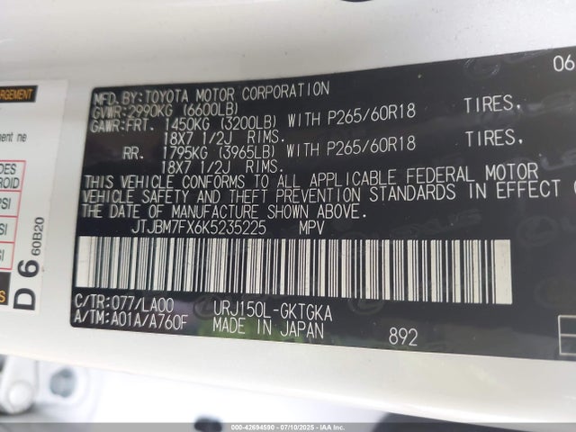 JTJBM7FX6K5235225 Lexus 1ur-fe