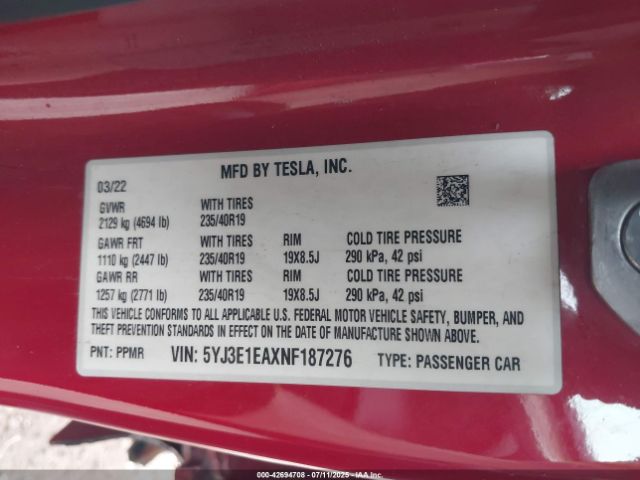 2022 TESLA MODEL 3 5YJ3E1EAXNF187276 Photo 8