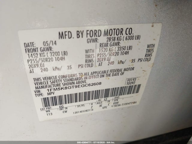 1FM5K8GT9EGC62608 Ford 2014