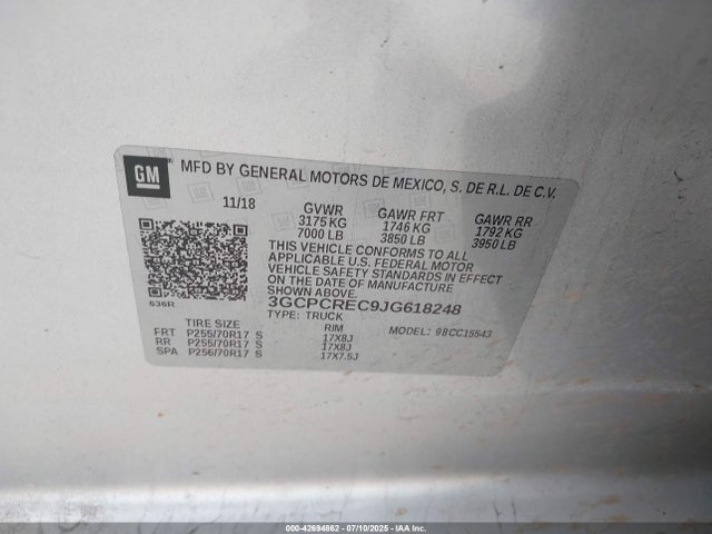 3GCPCREC9JG618248 Chevrolet l83 - sidi: spark ignited direct injection, vvt: variable valve timing, afm, e85 max, alum