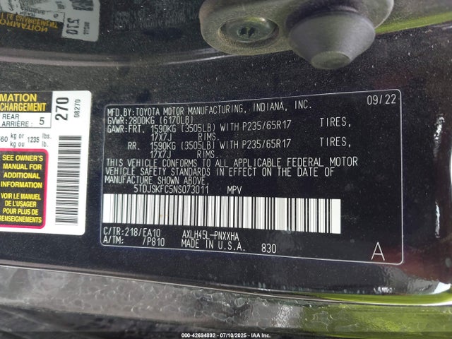 5TDJSKFC5NS073011 Toyota a25a-fxs, 5nm, 4nm