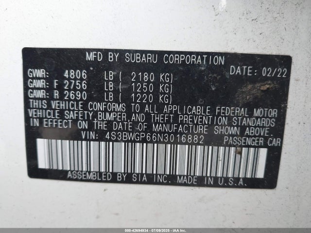 4S3BWGP66N3016882 Subaru na, u4