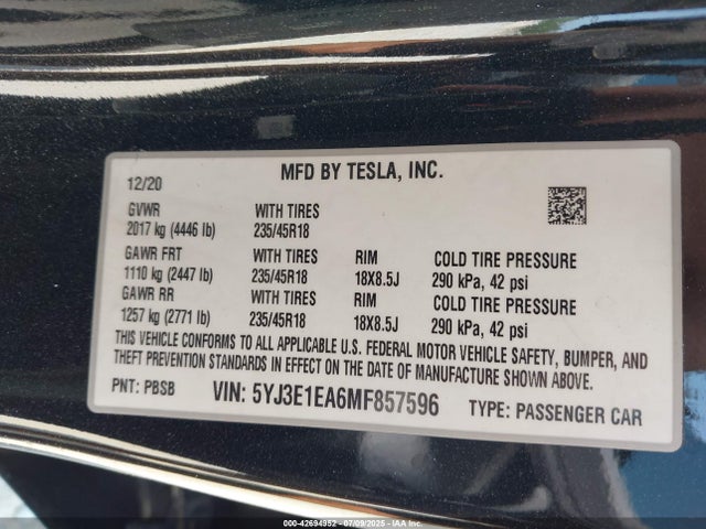 2021 TESLA MODEL 3 5YJ3E1EA6MF857596 Photo 8
