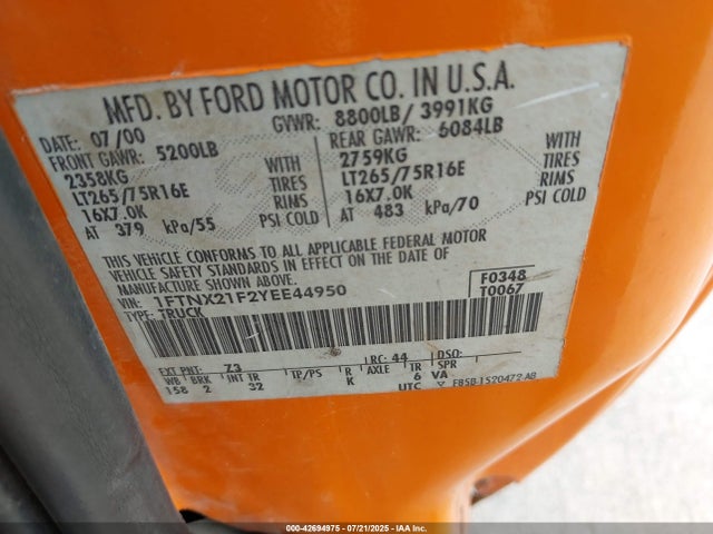 42694975 :رقم المزاد ، 1FTNX21F2YEE44950 vin ، 2000 Ford F-250 Lariat/xl/xlt مزاد بيع
