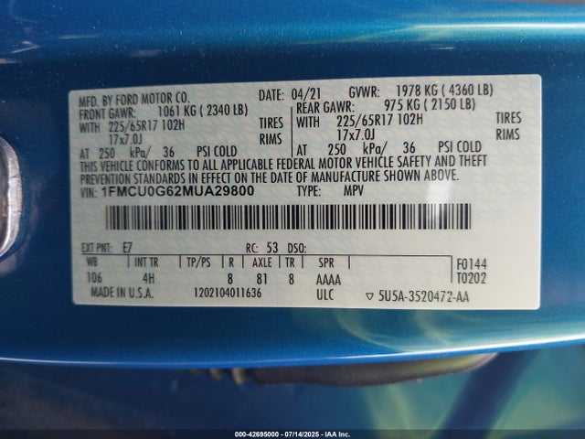 1FMCU0G62MUA29800 Ford dragon di tc
