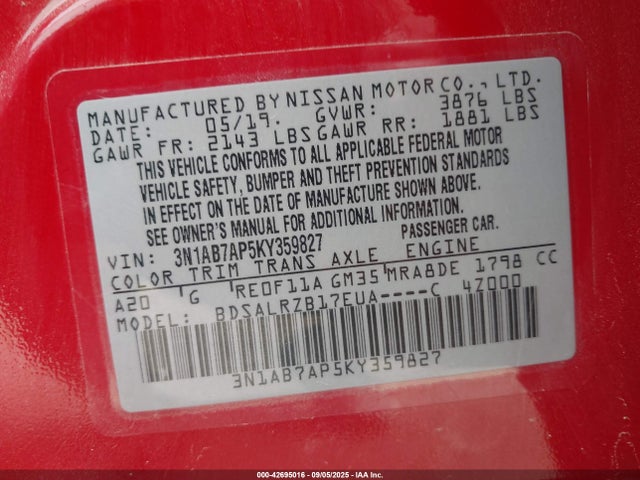 3N1AB7AP5KY359827 Nissan 2019
