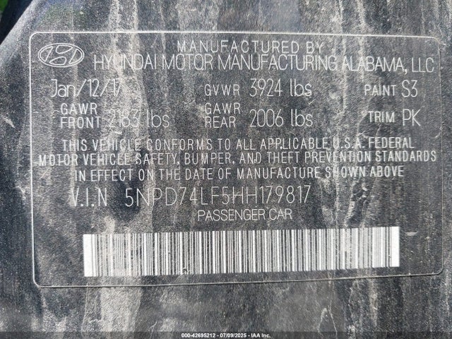5NPD74LF5HH179817 Hyundai 2017