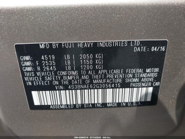 4S3BNAE62G3056415 Subaru 2.5l u5