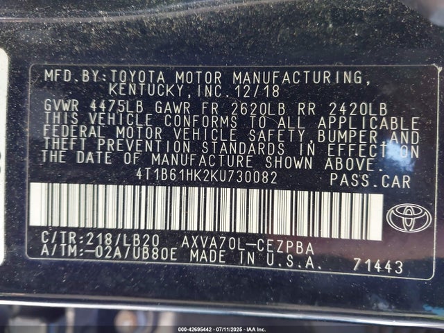 4T1B61HK2KU730082 Toyota a25a-fks