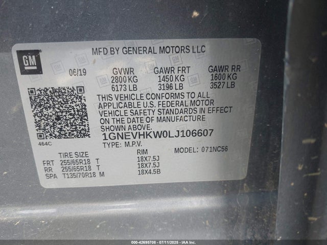 1GNEVHKW0LJ106607 Chevrolet lfy - spark ignited direct injection, atss, gen 1