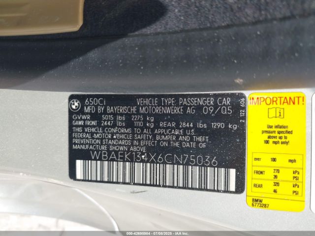 2006 BMW 650I WBAEK134X6CN75036 Photo 8