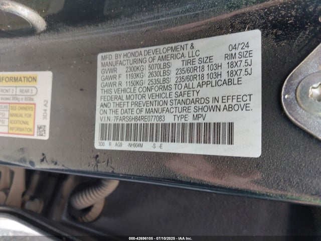 2024 Honda Cr-v Hybrid Sport-l მანქანა იყიდება აუქციონზე, vin: 7FARS6H84RE077083, აუქციონის ნომერი: 42696105