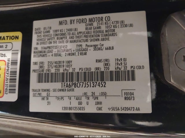 Ford 5.0l 4v premium fuel 2018 1FA6P8CF7J5137452 Image 9