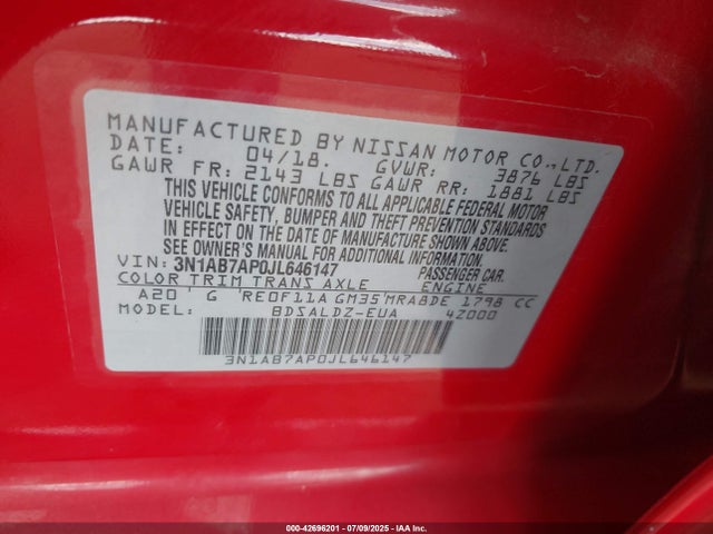 Nissan Sentra 2018 3N1AB7AP0JL646147 Image 9