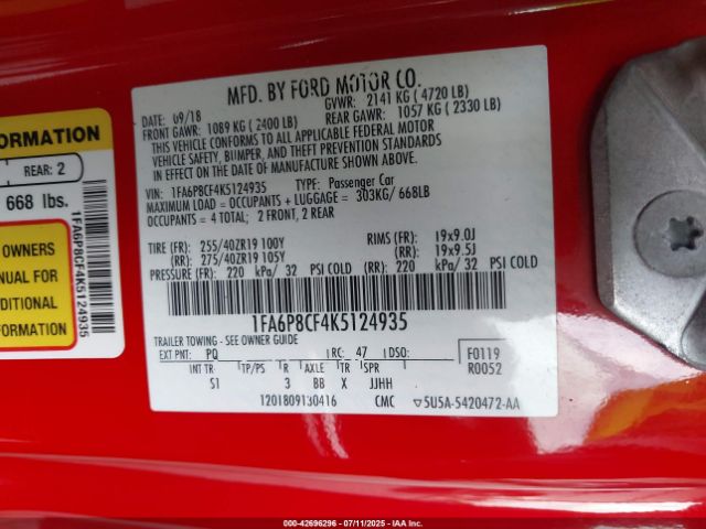 2019 FORD MUSTANG 1FA6P8CF4K5124935 Photo 8