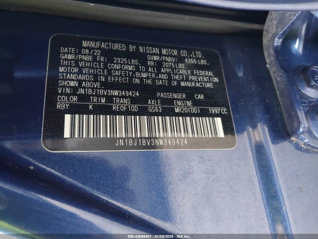 JN1BJ1BV3NW349424 Nissan 2022