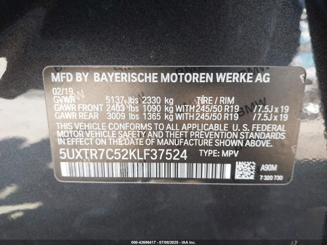 5UXTR7C52KLF37524 BMW 2019