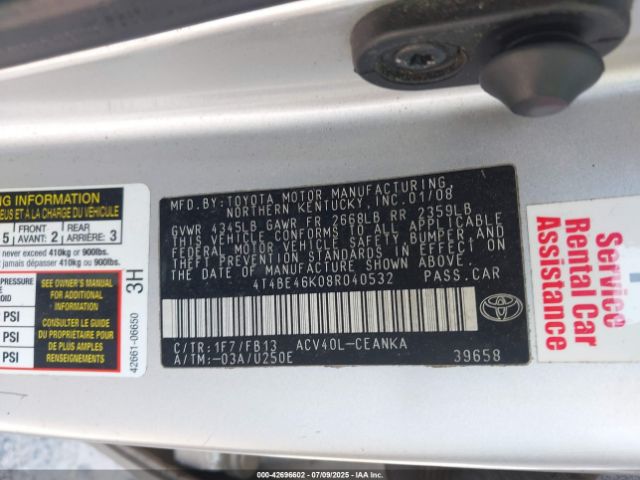 2008 TOYOTA CAMRY 4T4BE46K08R040532 Photo 8