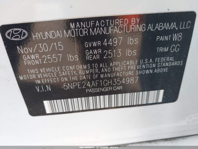 2016 HYUNDAI SONATA 5NPE24AF1GH354987 Photo 8