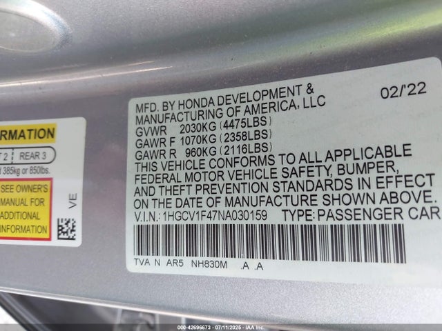 1HGCV1F47NA030159 Honda l15be