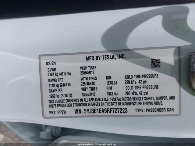 2024 TESLA MODEL 3 5YJ3E1EA9RF727223 Photo 8