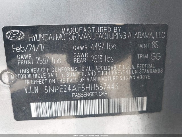 5NPE24AF5HH567443 Hyundai 2017