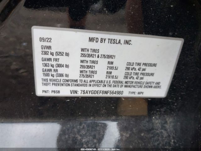 2022 TESLA MODEL Y 7SAYGDEF8NF564980 Photo 8