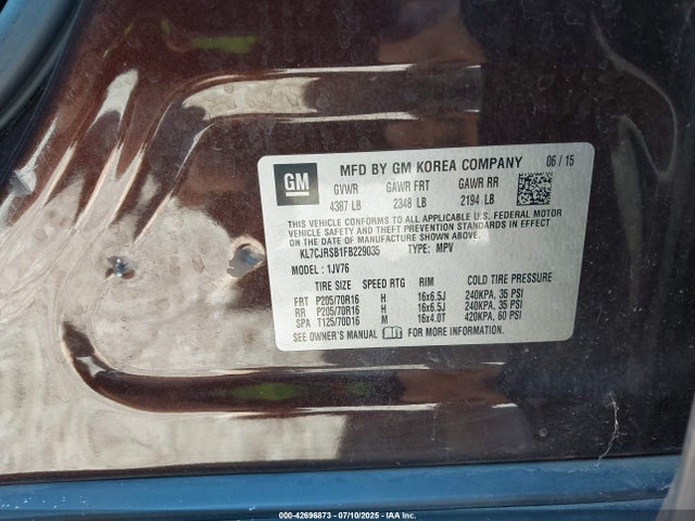 Продаж на аукціоні авто 2015 Chevrolet Trax Lt, vin: KL7CJRSB1FB229035, номер лоту: 42696873