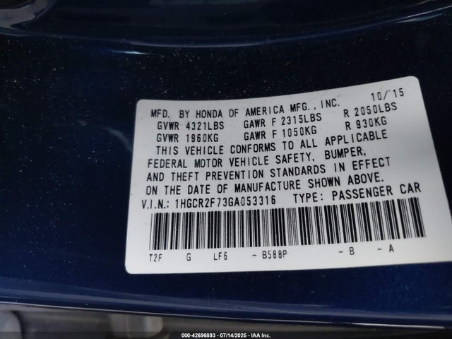 1HGCR2F73GA053316 Honda k24w1