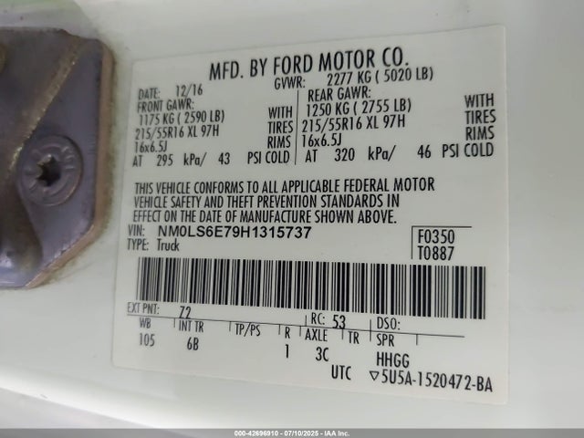 Ford 2.5l dohc pfi 2017 NM0LS6E79H1315737 Image 9