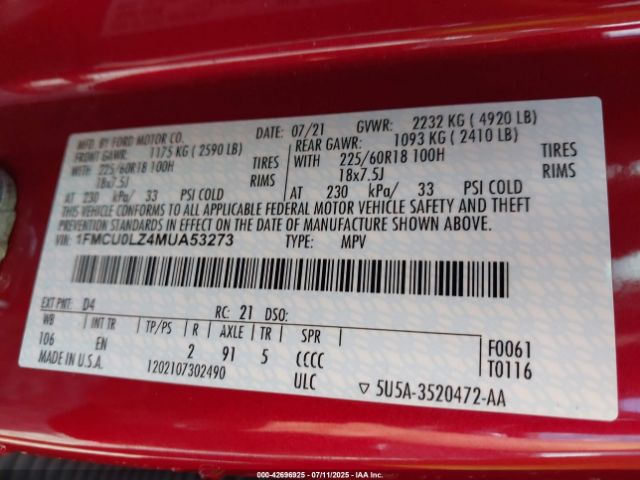 2021 FORD ESCAPE 1FMCU0LZ4MUA53273 Photo 8