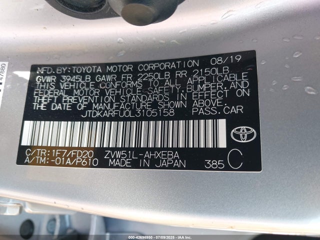 JTDKARFU0L3105158 Toyota 2zr-fxe,1nm+1mm