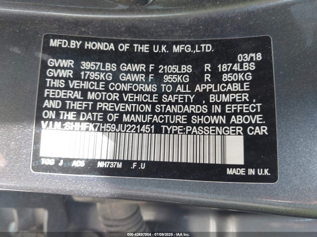 SHHFK7H59JU221451 Honda l15ba
