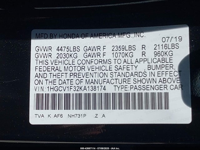 1HGCV1F32KA138174 Honda l15be