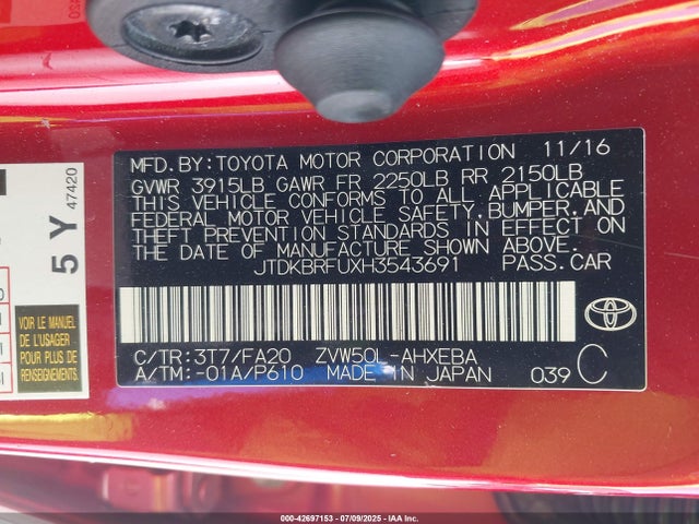 JTDKBRFUXH3543691 Toyota 2zr-fxe,1nm