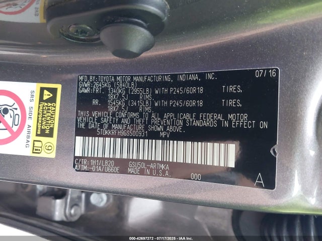 5TDKKRFH9GS500931 Toyota 2gr-fe