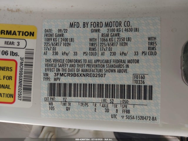 3FMCR9B6XNRE02507 Ford dragon
