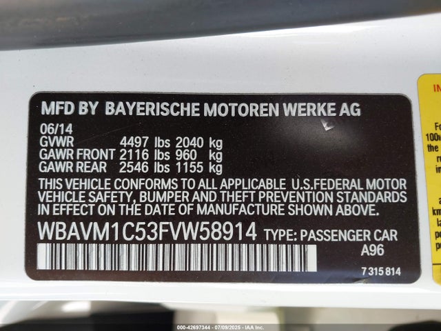 WBAVM1C53FVW58914 BMW 2015