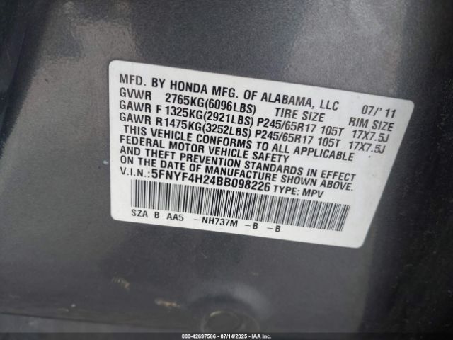 2011 HONDA PILOT 5FNYF4H24BB098226 Photo 8