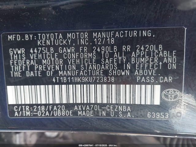 4T1B11HK9KU723838 Toyota a25a-fks