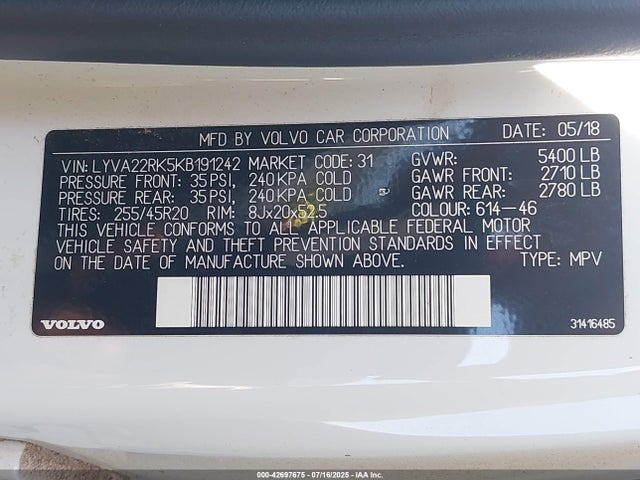 LYVA22RK5KB191242 Volvo b4204ts (hp)