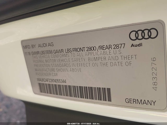 42697728 :رقم المزاد ، WAUK2AF22KN055344 vin ، 2019 Audi A6 55 Premium مزاد بيع