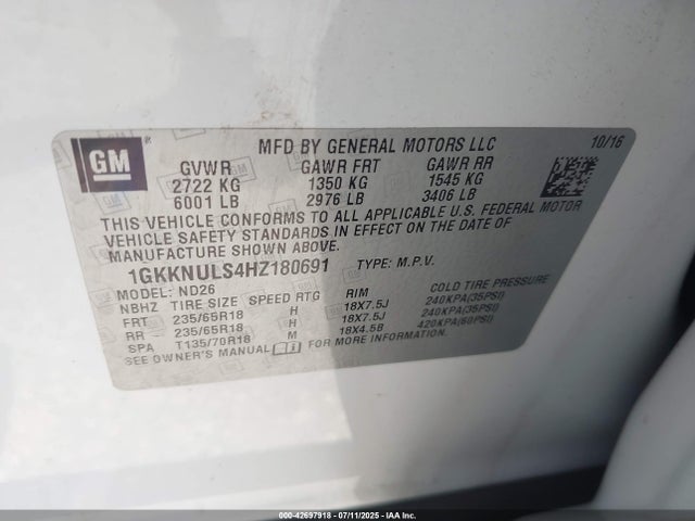 42697918 :رقم المزاد ، 1GKKNULS4HZ180691 vin ، 2017 Gmc Acadia Slt-1 مزاد بيع