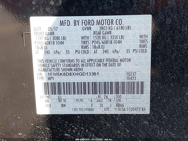 1FM5K8D8XHGD13361 Ford 3.5l ti-vct