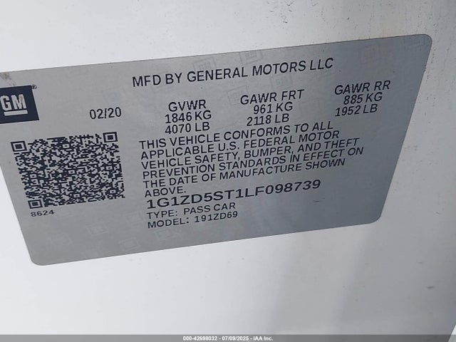 Aukcja sprzedaży 2020 Chevrolet Malibu Fwd Lt, vin: 1G1ZD5ST1LF098739, numer aukcji: 42698032