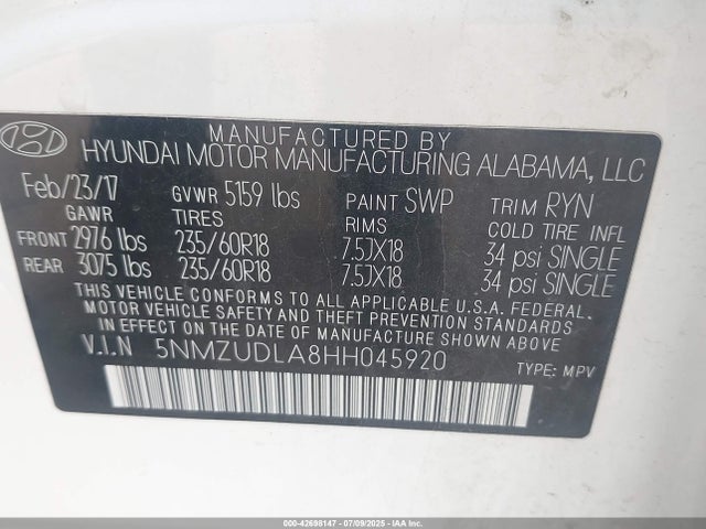 5NMZUDLA8HH045920 Hyundai t-gdi theta ii
