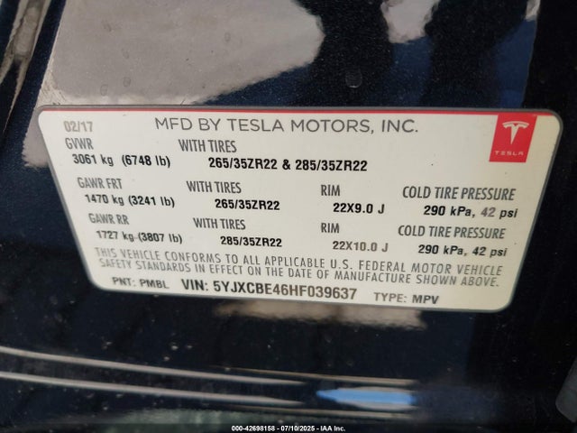 2017 TESLA MODEL X 5YJXCBE46HF039637 Photo 8