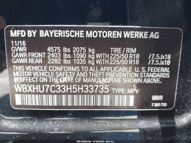 WBXHU7C33H5H33735 BMW 2017