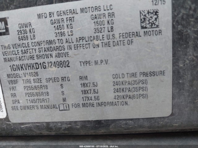 1GNKVHKD1GJ249802 Chevrolet llt - sidi, alum, 60 degrees